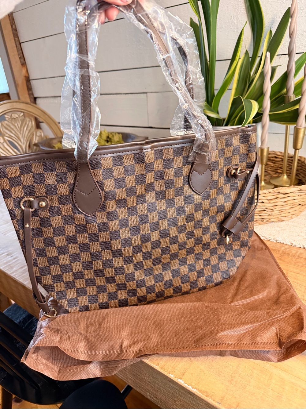 Classic Brown Checkered Tote Handbag